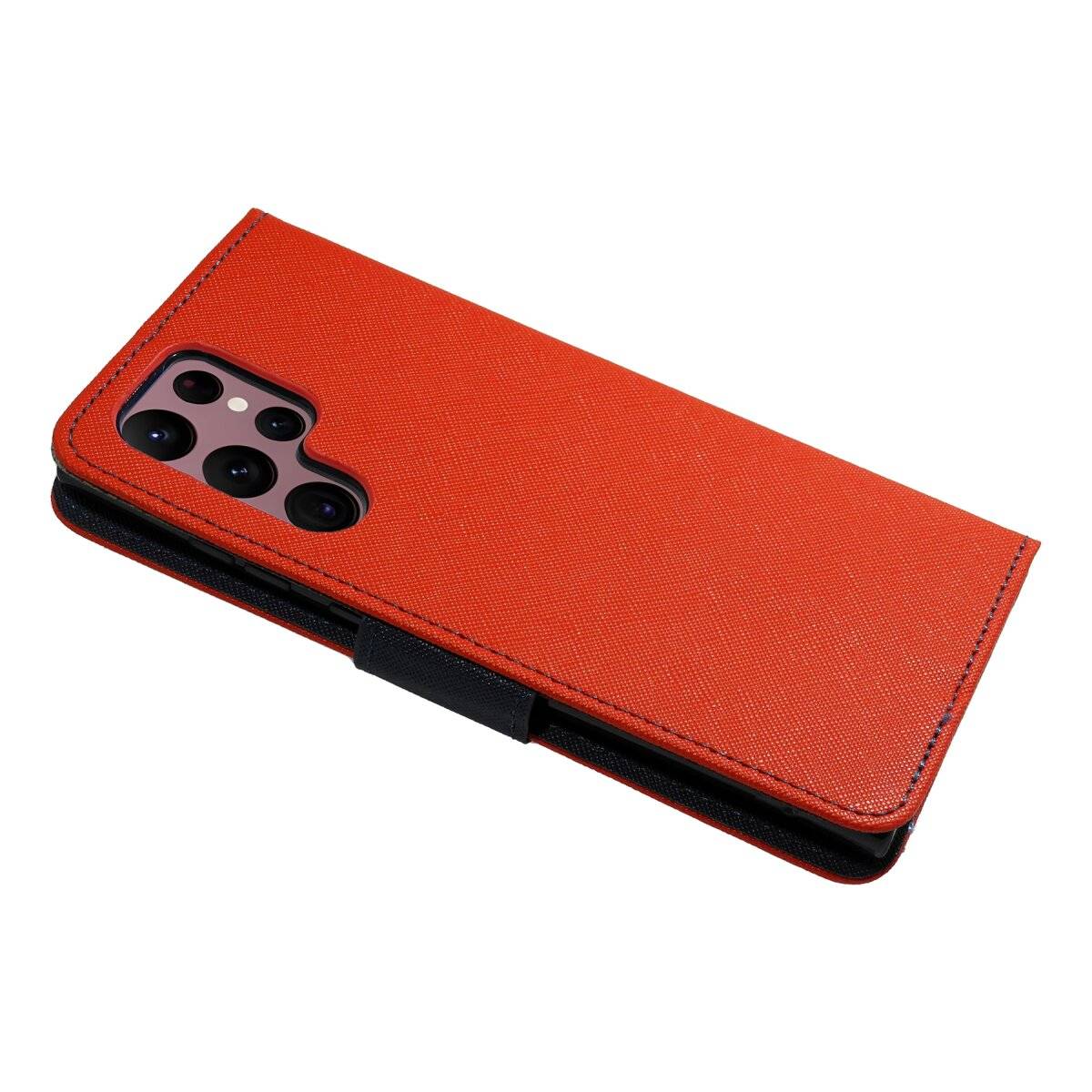 Buch Tasche "Fancy" kompatibel mit SAMSUNG GALAXY S25 Etui mit Standfunktion, Kartenfach Rot-Blau