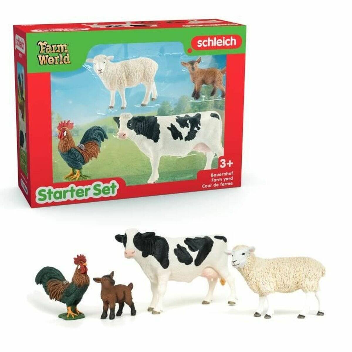 Schleich Farm World Starterset Spielzeugbox mit Schaf-, Kalb-, Kuh- und Hahn-Figuren, die vor der Verpackung gezeigt werden.
