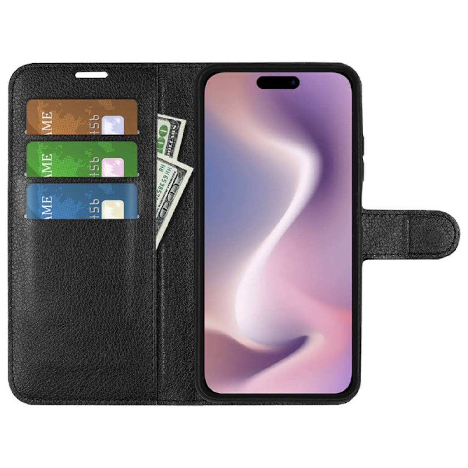 Für Apple iPhone 16 Kunstleder Book Wallet Tasche Case Hülle Schwarz