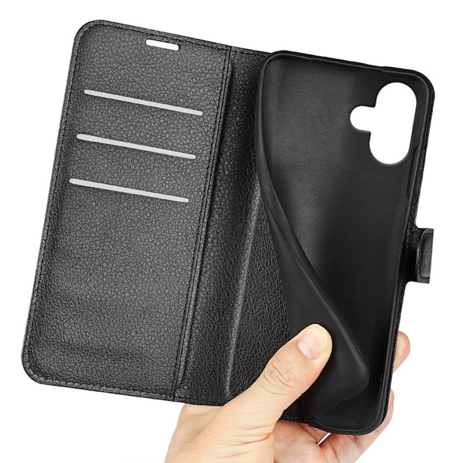 Für Apple iPhone 16 Plus Kunstleder Book Wallet Tasche Hülle Schwarz