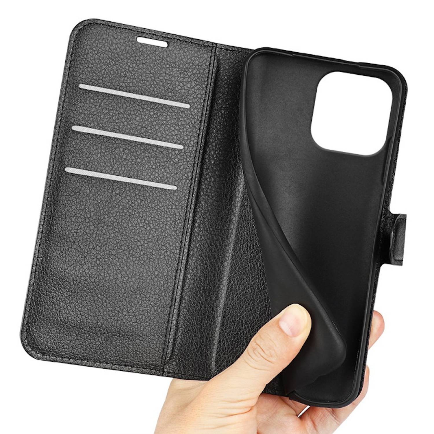 Für Apple iPhone 16 Pro Kunstleder Book Wallet Tasche Hülle Schwarz