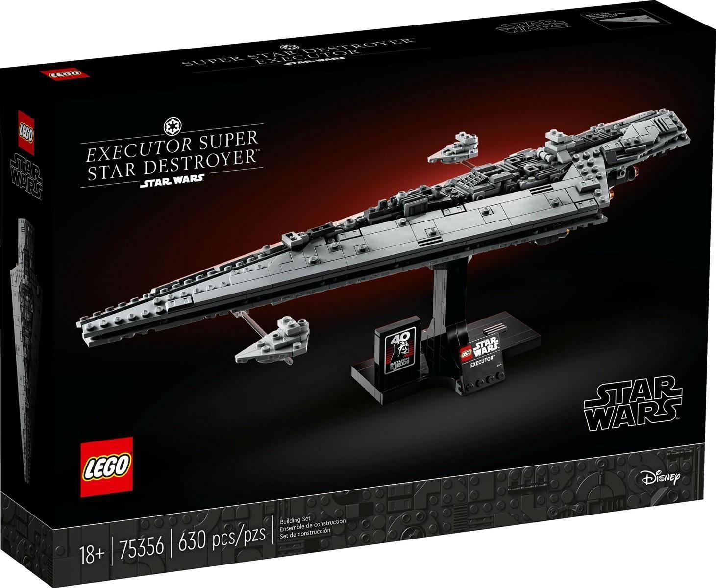 LEGO Star Wars Executor Super Star Destroyer Kartonkunst, zeigt das graue Raumschiffmodell auf einem Ausstellungsständer, gekennzeichnet mit 75356, 630 Teile, 18+
