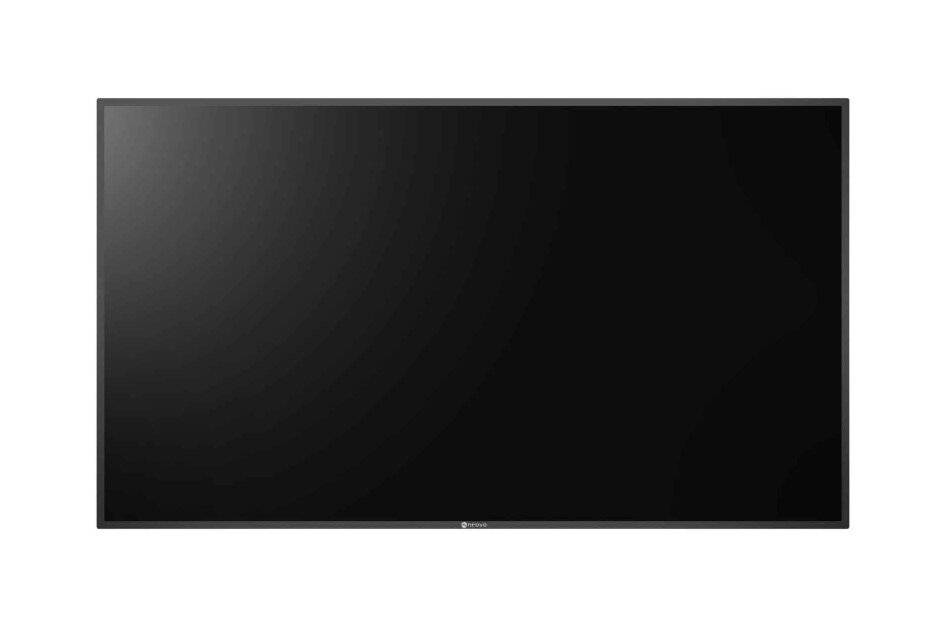Ein großer schwarzer Flachbildfernseher oder Monitor auf weißem Hintergrund, frontal gezeigt und ausgeschaltet.