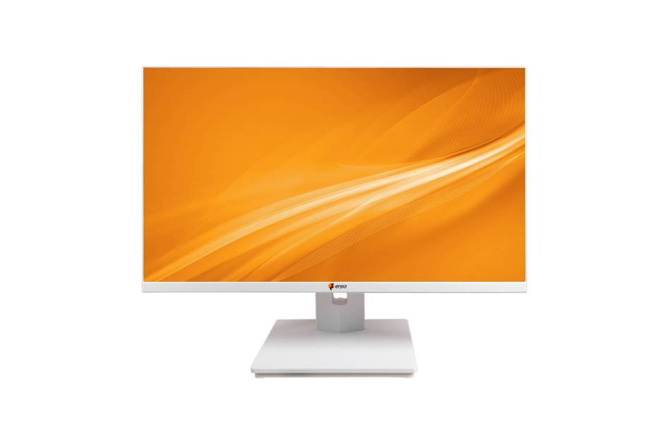 Ein weißer Desktop-Monitor mit einer orangefarbenen abstrakten Wellen-Tapete auf einem schlichten weißen Hintergrund.