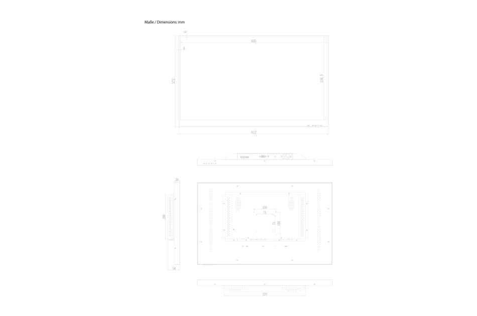 Schwache technische Strichzeichnungen mit mehreren Dimensionen und Ansichten eines rechteckigen Rahmens oder Panels, mit Maßstäben, die um die Umrisse herum beschriftet sind.
