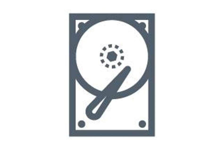 Stilisiertes Festplattensymbol mit einer kreisförmigen Platte und einem Lese-/Schreibkopf, das Datenspeicherung oder Festplattenzugriff anzeigt.