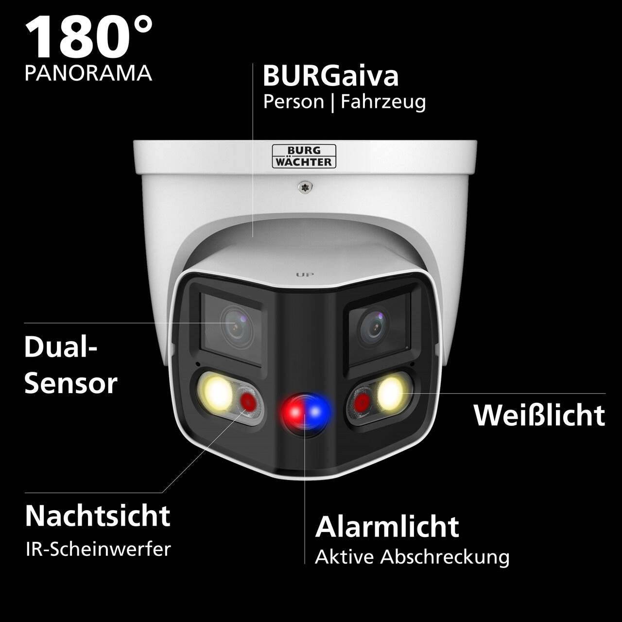 BWNC-832RECF-G2-180 BURG GARD, 8MP IP 180° Panorama RoyalNight++ Balleye Kamera mit Weißlichtstrahler und IR-Strahler ,