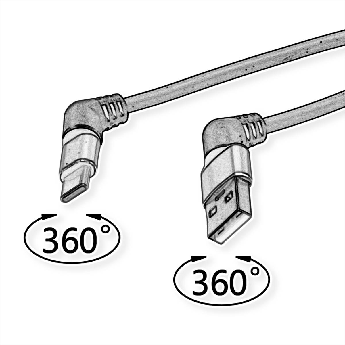 ROLINE USB 2.0 Kabel, Typ-C - Typ-A, ST/ST, 360° Rotation, schwarz / rot, 1 m