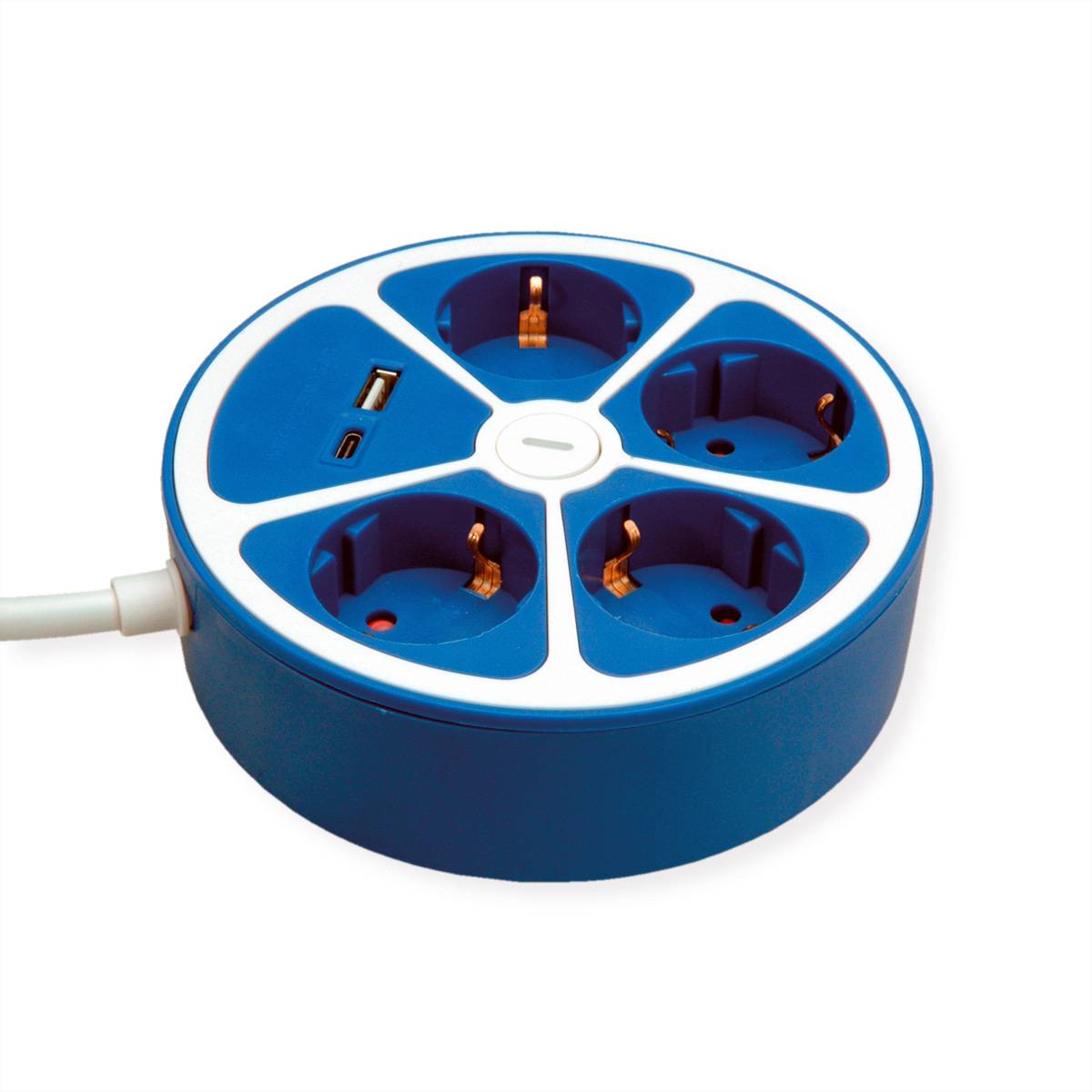 ROLINE 4-fach Steckdosenleiste mit Schalter, rund, USB-Charger A+C, blau, 3 m