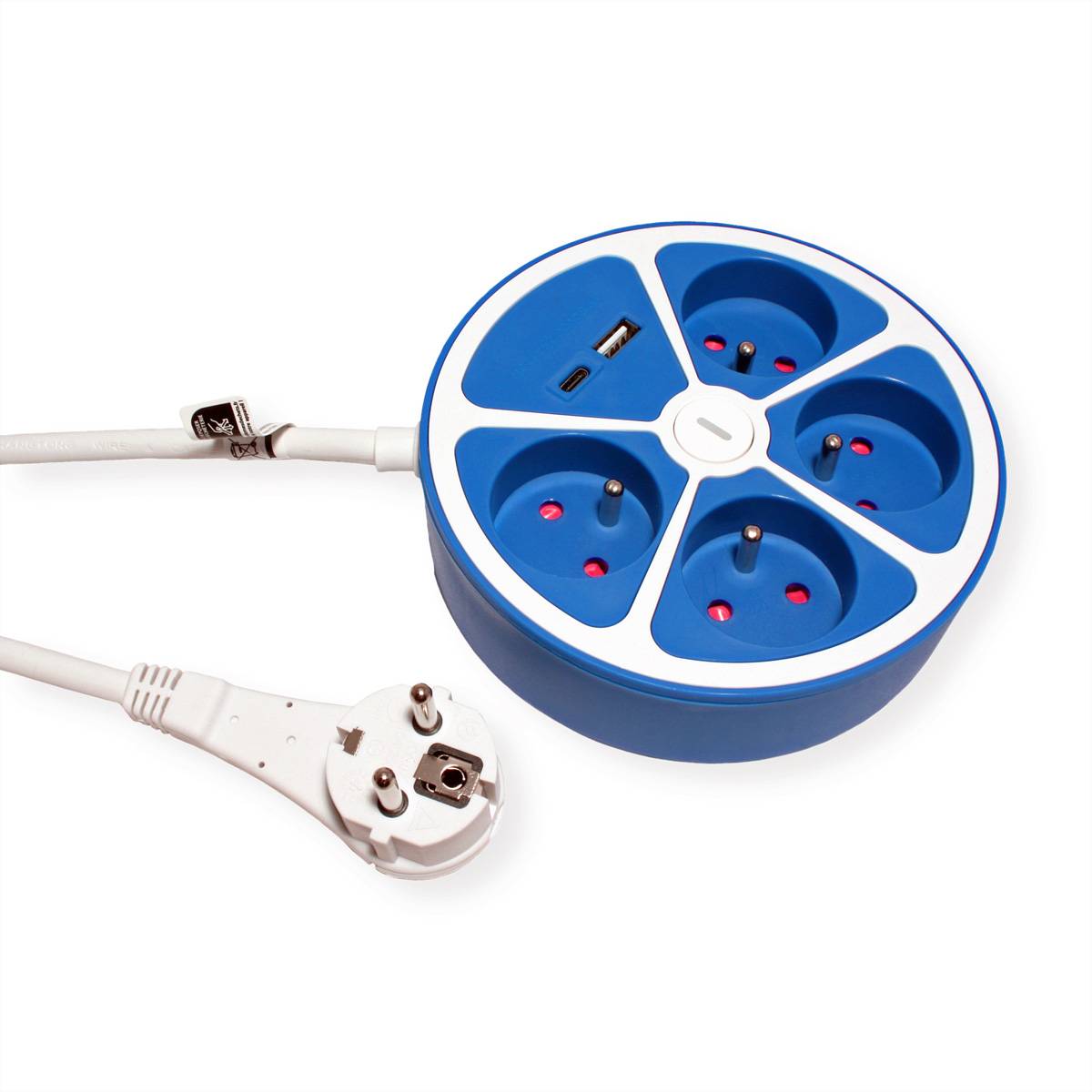 ROLINE 4-fach Steckdosenleiste mit Schalter, rund, UTE Version, USB-Charger A+C, blau, 3 m, Runde Design-Steckdosenleis