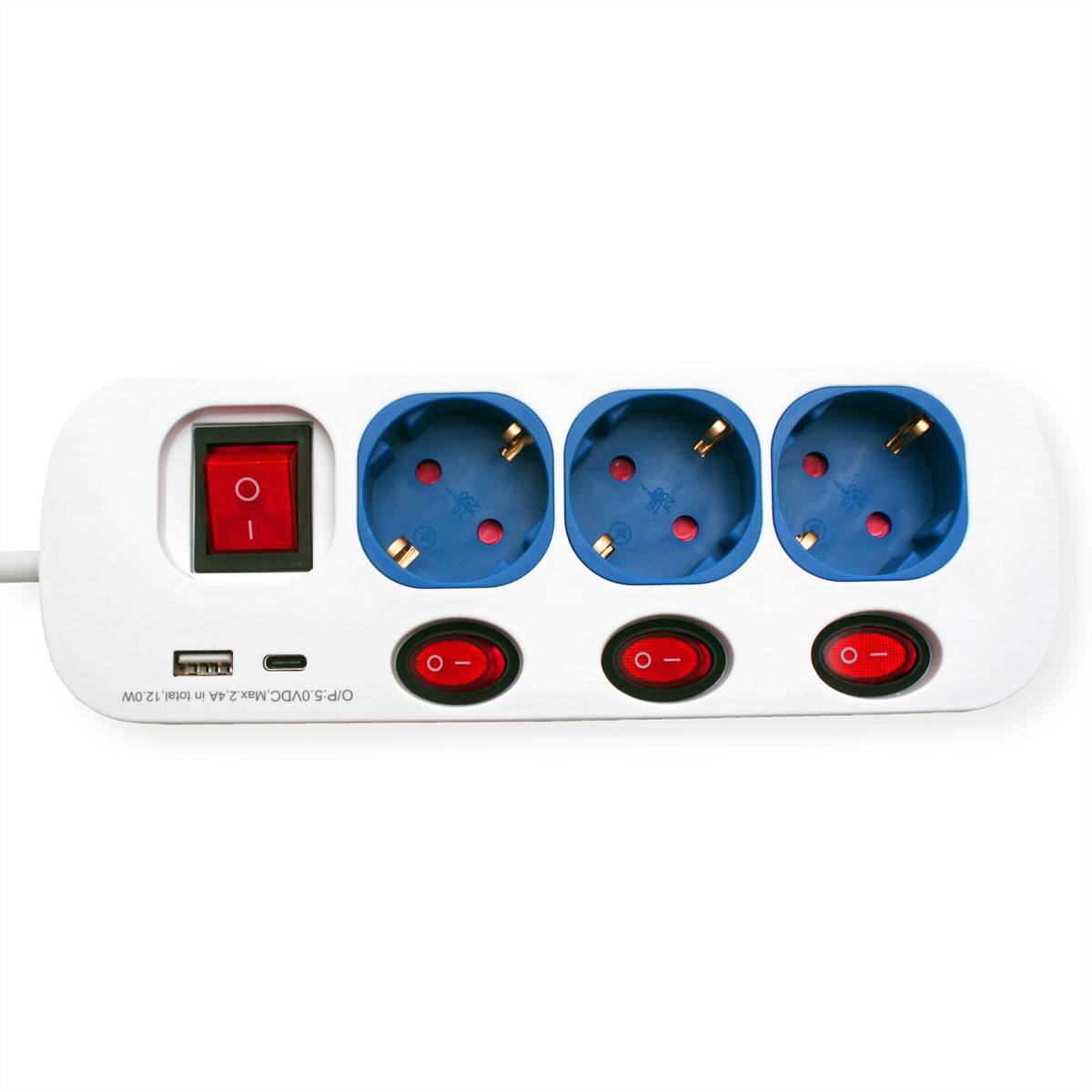 ROLINE 3-fach Steckdosenleiste mit Schalter, USB-Charger A+C, 3 m, Weiße Steckdosenleiste mit einzeln schaltbaren blaue