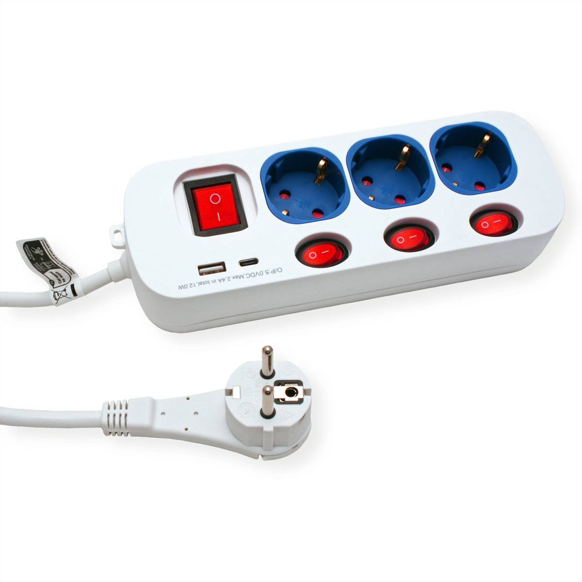 ROLINE 3-fach Steckdosenleiste mit Schalter, USB-Charger A+C, 3 m, Weiße Steckdosenleiste mit einzeln schaltbaren blaue