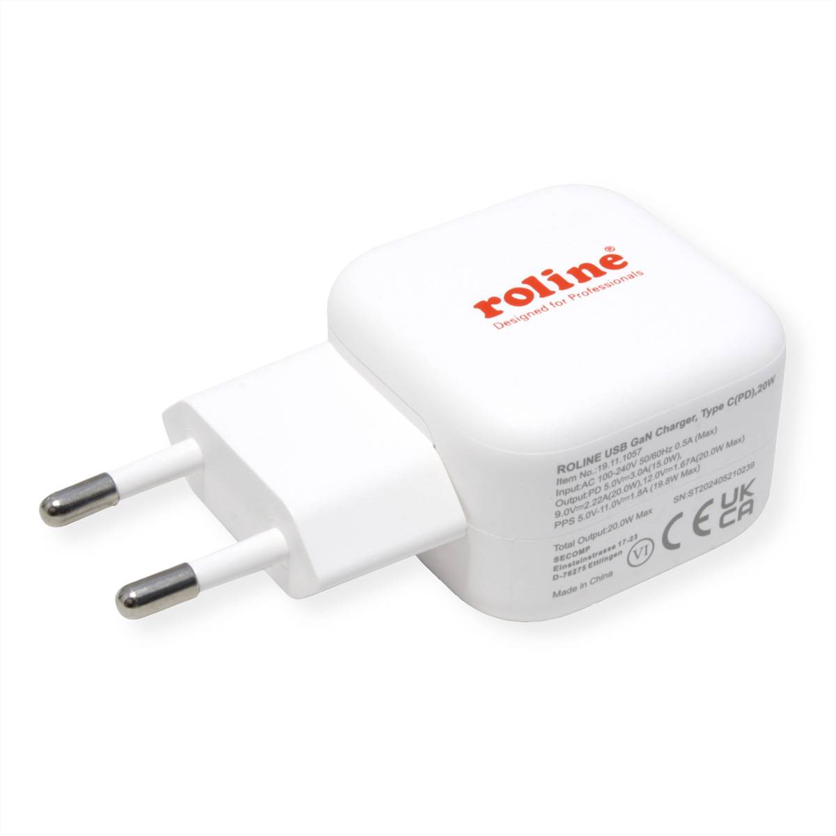 ROLINE USB Charger mit Euro-Stecker, 1 Port Typ-C, GaN, 20W