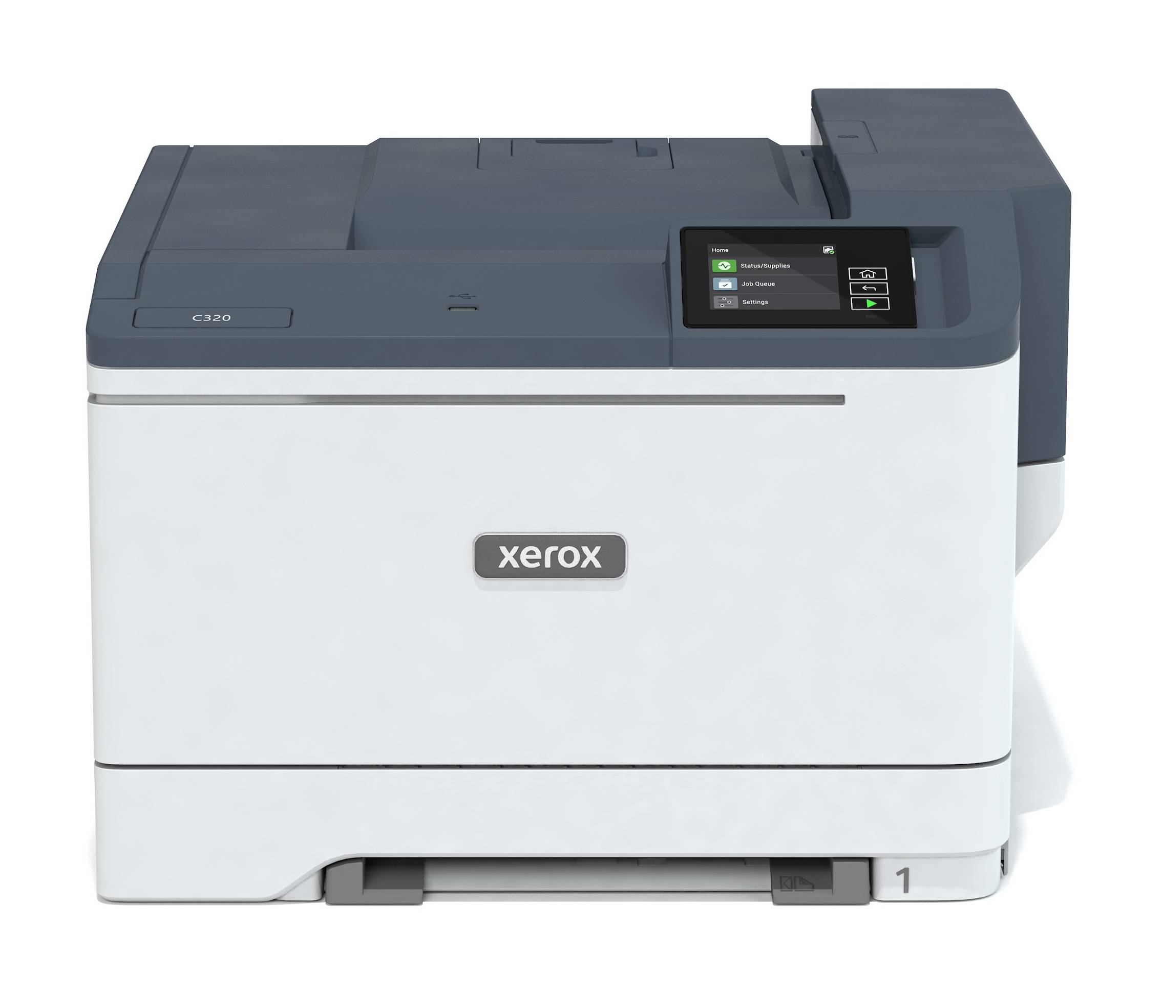 Weißer Xerox Desktop-Laserdrucker mit Bedienfeld und Papierfach, Vorderansicht auf neutralem Hintergrund.