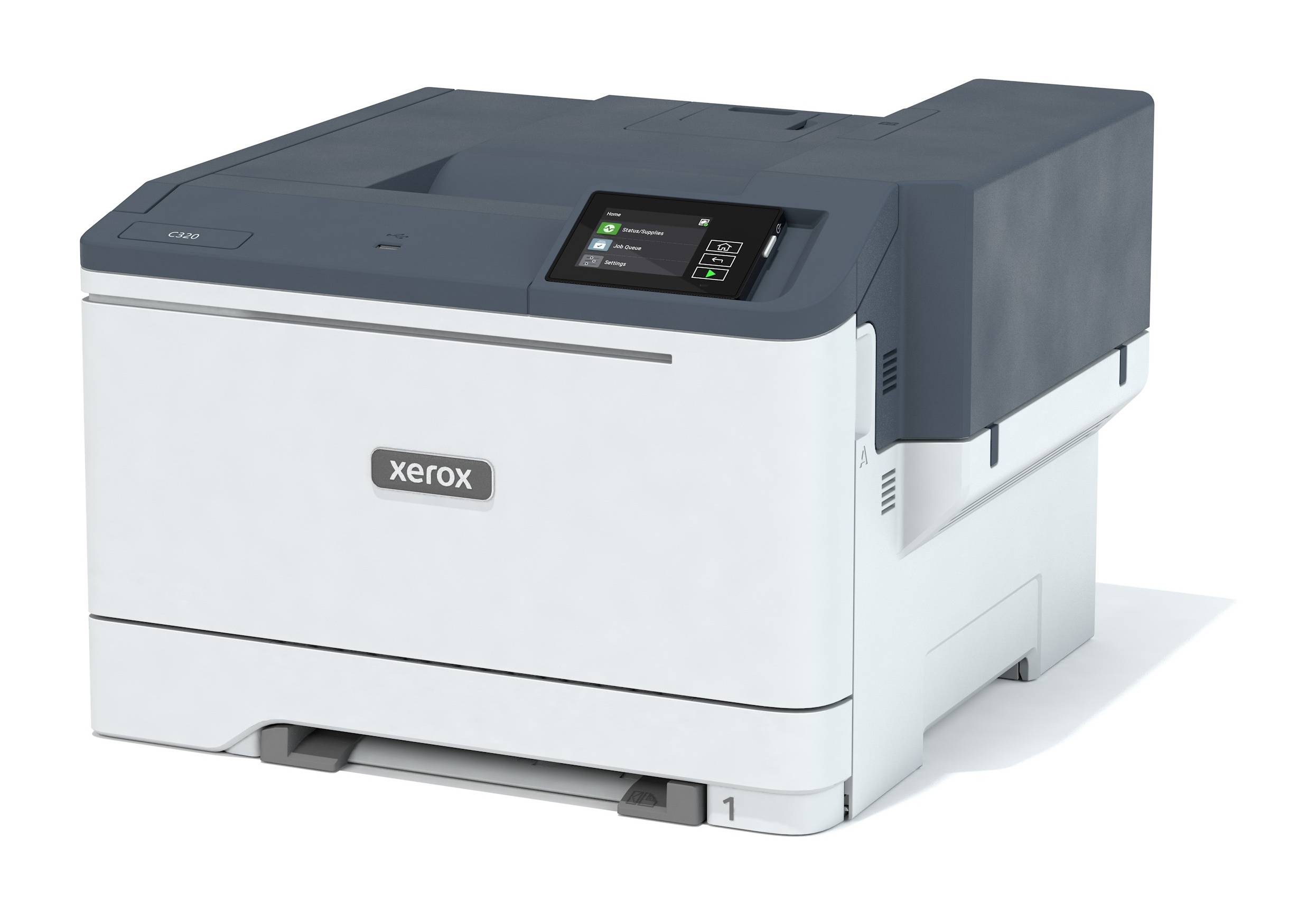 Weißer Xerox-Bürodrucker mit Touchscreen-Bedienfeld auf weißem Hintergrund.
