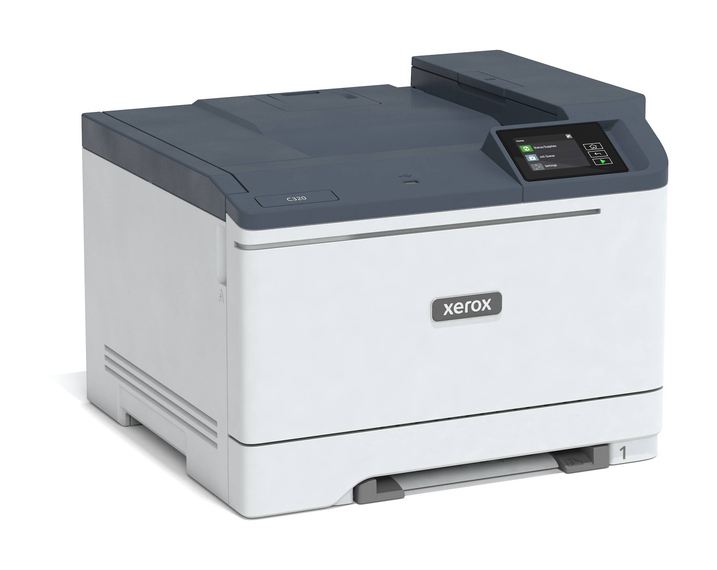 Xerox Desktop-Laserdrucker, weiß und grau, gezeigt in einer Dreiviertelperspektive mit Bedienfeld oben rechts und Papierfach vorne.
