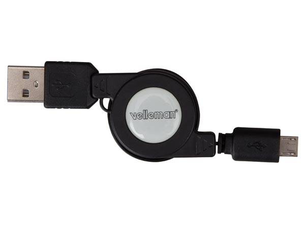Velleman - PCMP69 - USB 2.0 A Stecker auf Micro-USB Stecker - aufrollbar - schwarz - 80cm