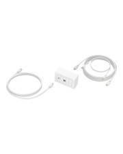 Weiß gewundenes Kabel mit einem kleinen rechteckigen Inline-Steuerermodul, gezeigt auf einfachem weißem Hintergrund.