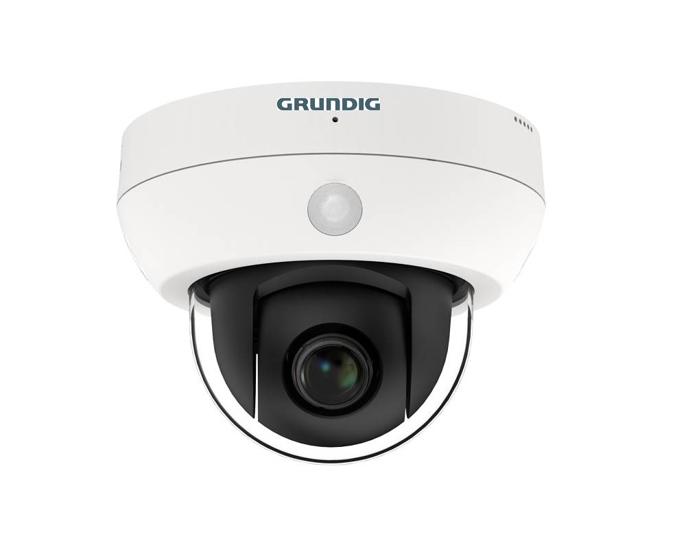 Weiße Grundig-Domekamera zur Überwachung mit schwarzem Linsengehäuse, dargestellt vor weißem Hintergrund.