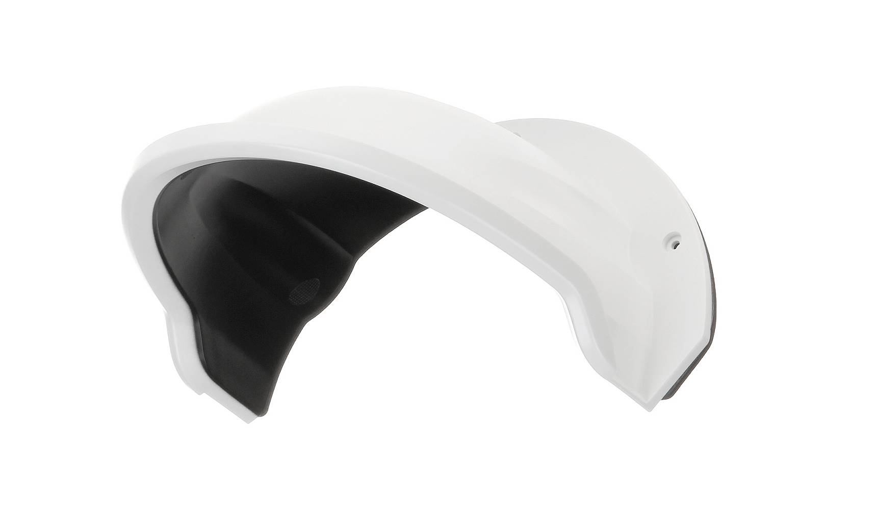 Weißer gekrümmter Schutzhelm oder Visiergehäuse mit dunkler Innenfütterung, auf neutralem Hintergrund dargestellt.