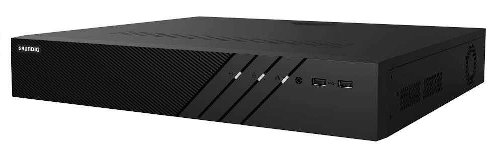 Schwarzes Grundig-Elektronikgerät, ein rechteckiger Set-Top-Box oder Media-Player, dargestellt in schräger Seitenansicht mit vorderen Anschlüssen und Lüftungsschlitzen.