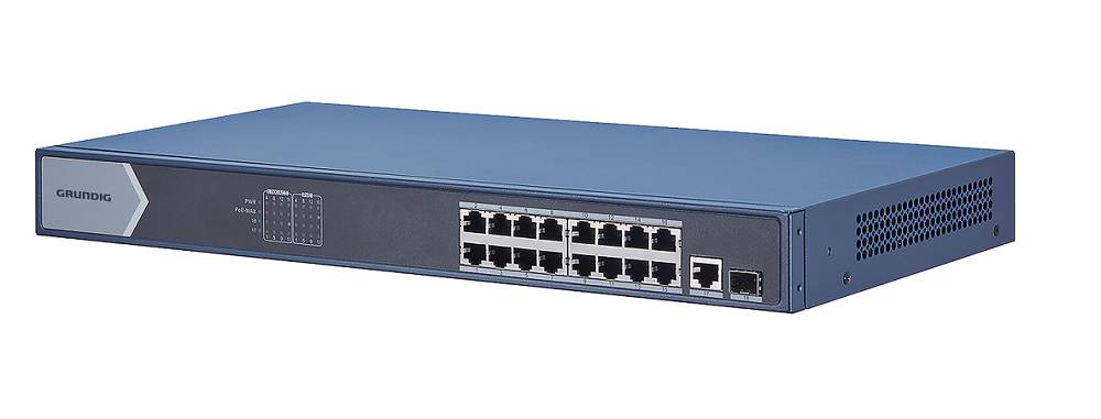 Frontansicht eines Netzwerk-Switches mit 16 Ethernet-Ports, zwei Uplink-Ports und einer 