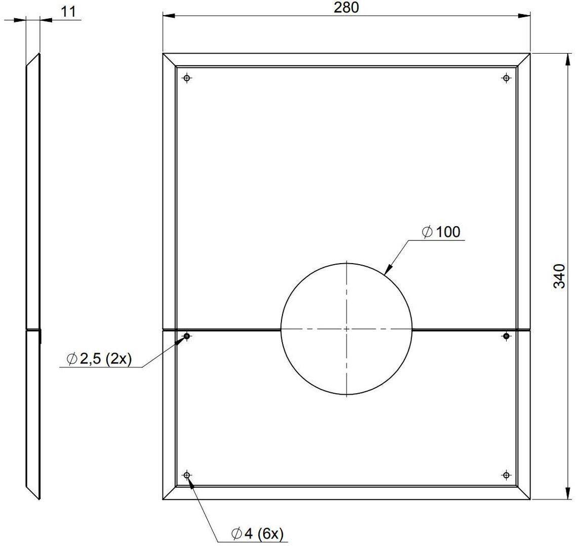 Technische Zeichnung eines rechteckigen Panels, 280 × 340, 11 dick, mit einem Mittenloch Durchmesser 100, zwei 2,5er-Löcher und sechs 4er-Löcher.
