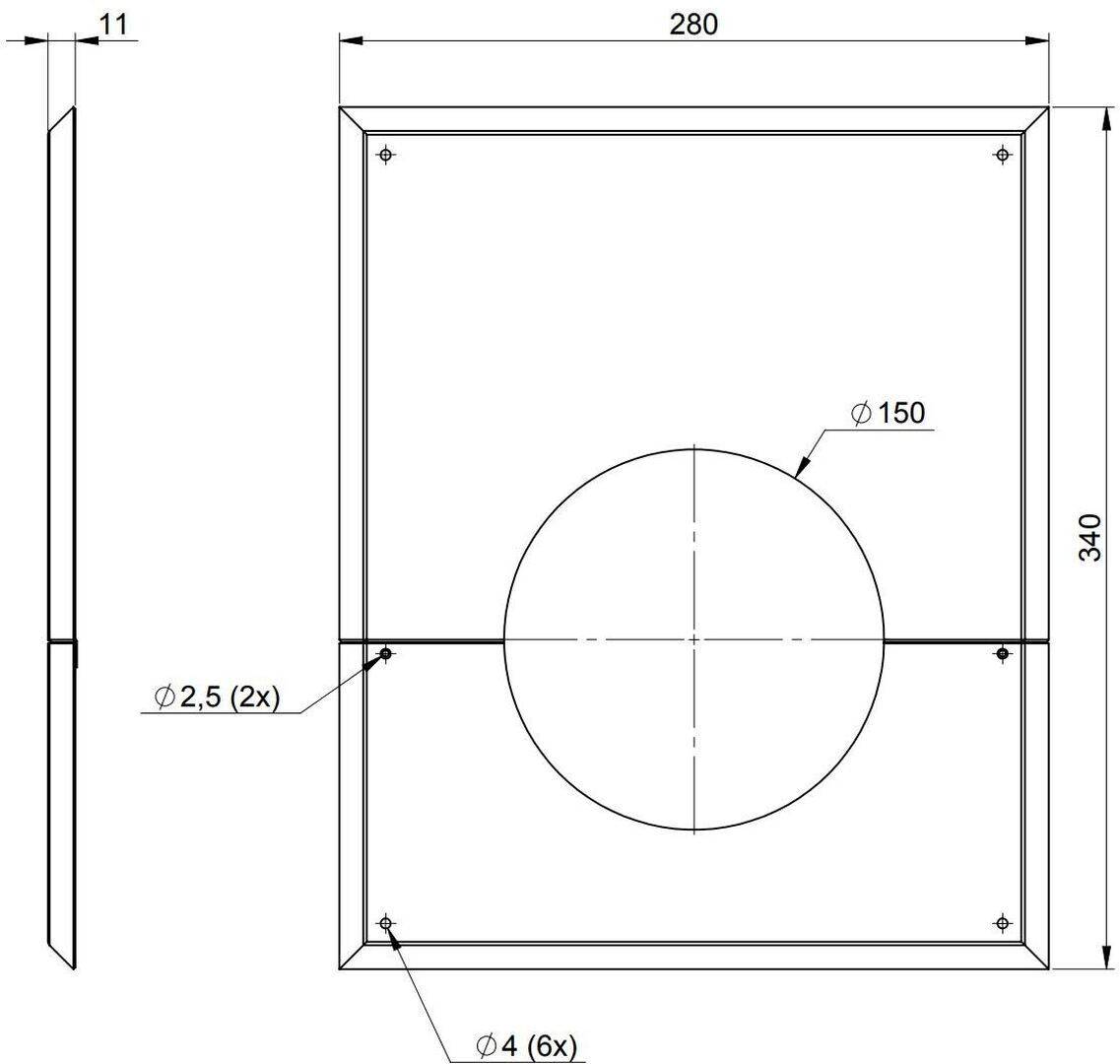 Technische Zeichnung eines rechteckigen Panels, 280 x 340, 11 mm dick, mit einem Mittenloch von 150 mm Durchmesser und kleineren Befestigungslöchern mit der Bezeichnung 2,5 und 4 mm.