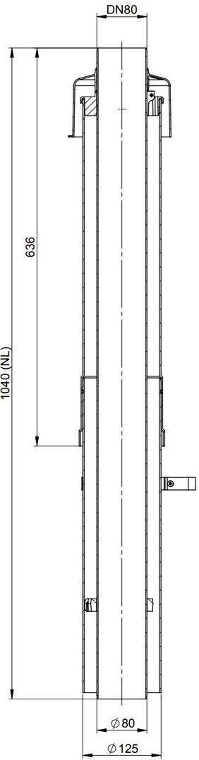 Technische Zeichnung einer vertikalen zylindrischen Komponente, gekennzeichnet mit DN80, mit einer Gesamthöhe von 1040 mm, Körperdurchmesser Ø80 und Basisbreite 125 mm.