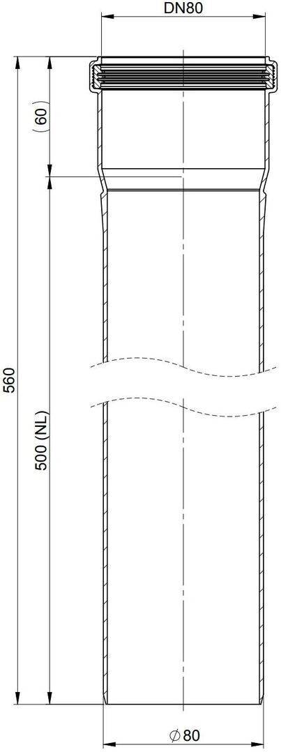 Technische Linienzeichnung eines zylindrischen Rohrs oder Kanals mit flanschtem Oberteil, gekennzeichnet mit DN80, Ø80, 560 mm Höhe und 500 mm Einführungslänge.