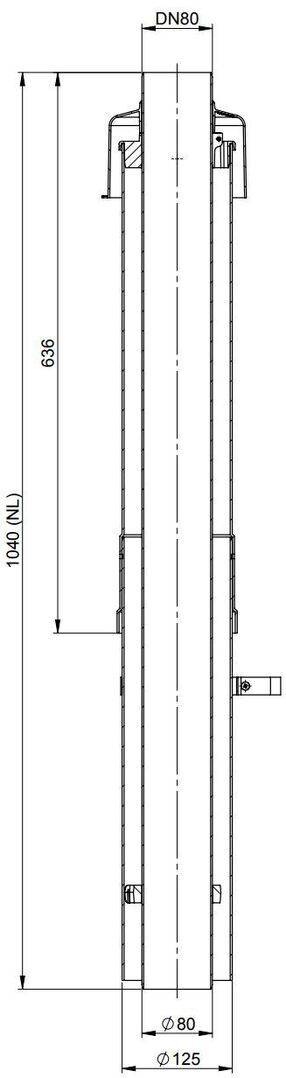 Technische Leitungszeichnung einer vertikalen zylindrischen Tank- oder Rohrbaugruppe mit der Bezeichnung DN80, mit den Abmessungen 1040 mm Gesamthöhe, 636 mm Abschnittshöhe, 80 mm Durchmesser und 125 mm Basisbreite.