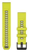 Gelber Gummi-Uhrenarmband mit rechteckigen Verstelllöchern und schwarzer Schnalle, gezeigt in Vorder- und Seitenansicht.