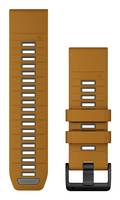 Zwei Ansichten eines braunen Uhrenarmbands mit mehreren Einstellungslöchern, die die Schnalle und die Schleifenbeschläge zeigen.