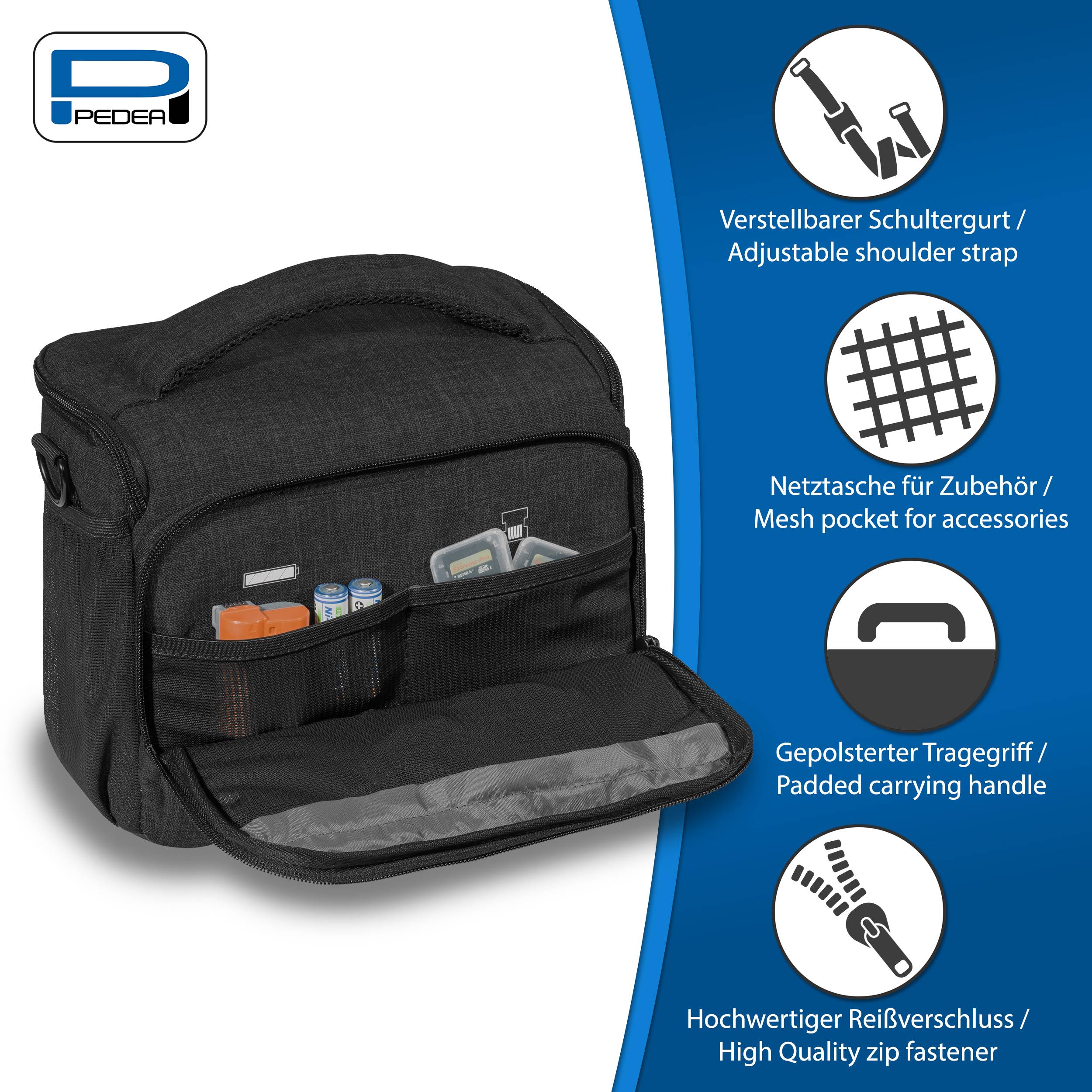 Schwarze PEDEA Tragetasche mit vorderer Organizer-Tasche und offenem Klappdeckel, gezeigt mit Symbolen für verstellbaren Schultergurt, Netztasche, gepolsterter Griff und Reißverschluss.