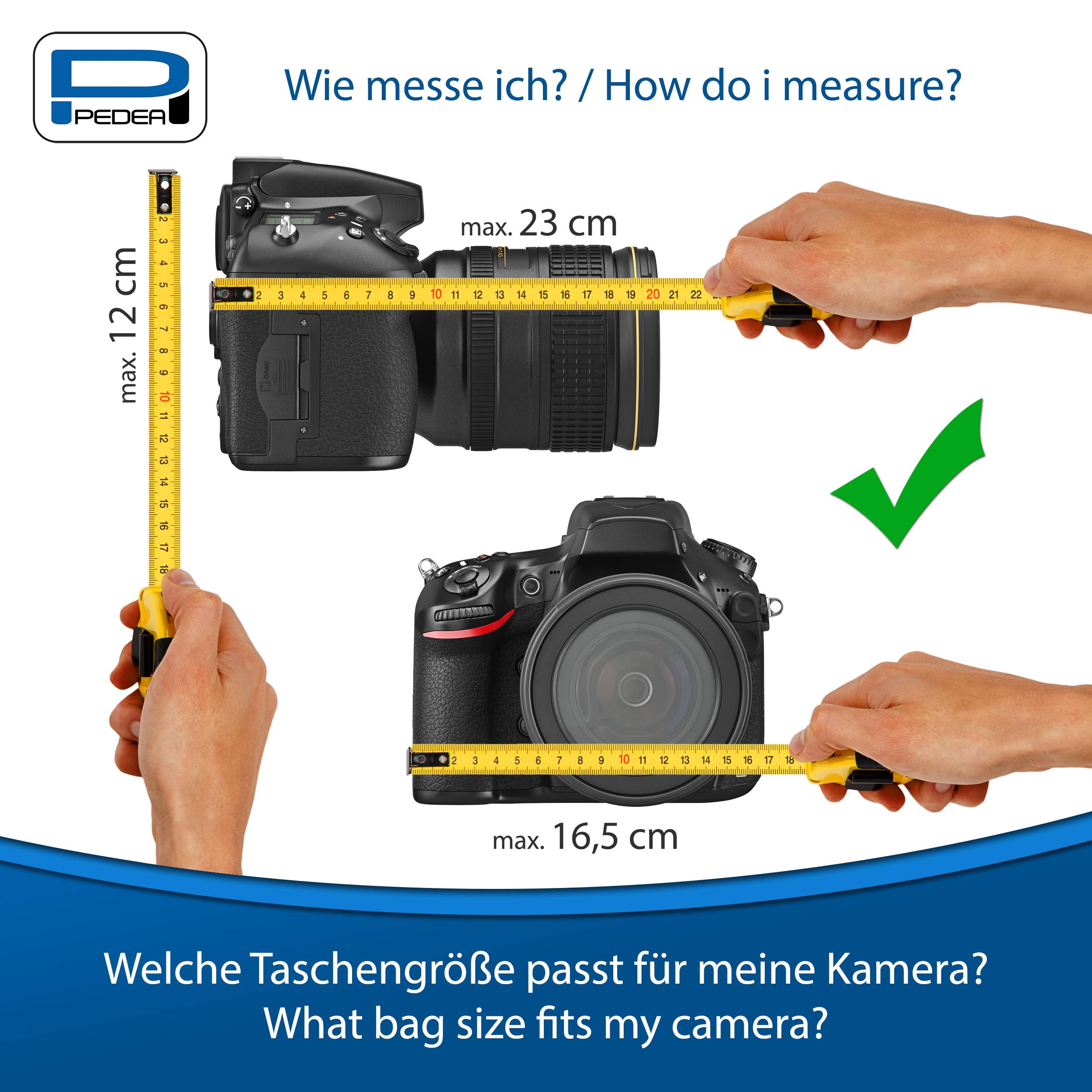 Infografik zur Messung einer Kamera für eine Tasche: Kamerabreite max. 23 cm, Höhe max. 12 cm, Vorderbreite max. 16,5 cm; grüner Haken zeigt korrekte Passform an.