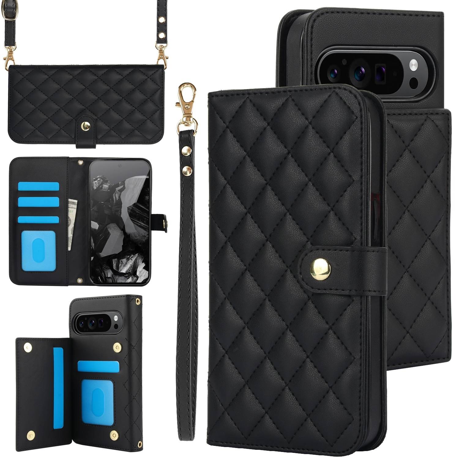 Für Google Pixel 9 Pro XL Crossbody Rhombic Lederhülle Kartenfächern