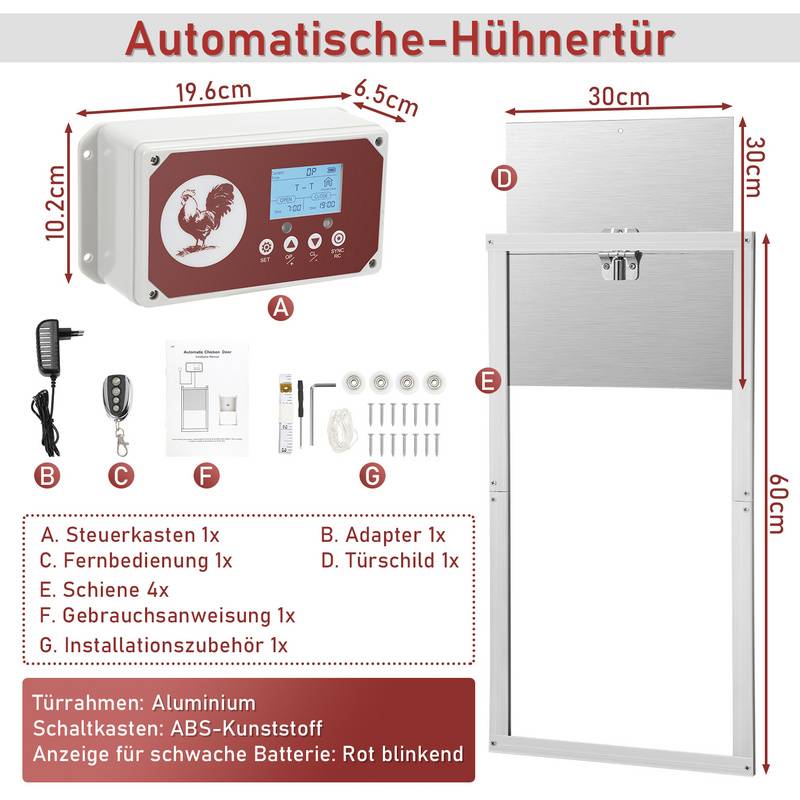 Hühnerklappe,Automatische Hühnerklappe,mit Lichtsensor、Zeitschaltuhr、LCD-Anzeige und Fernbedienung,IP44,aus Alu,batteriebetrieben und Adapter,30