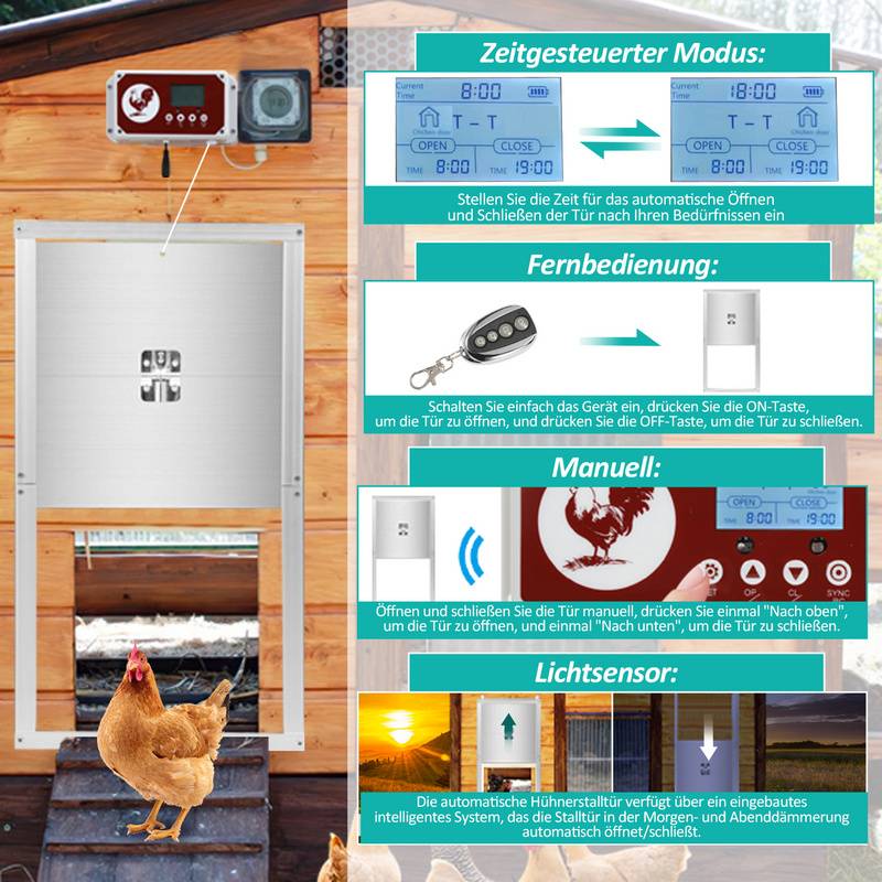 Automatische Hühnerklappe,IP44wasserdicht,aus Alu,mit LCD-Anzeige、Lichtsensor、Fernbedienung und Zeitschaltuhr,batteriebetrieben und Adapter,30x30