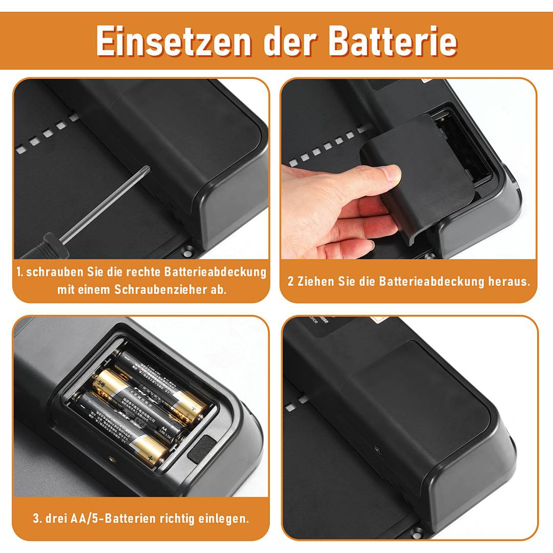 Anleitung zum Einsetzen von Batterien in das Gerät: Schrauben Sie die Batterieverkleidung auf, entfernen Sie sie, setzen Sie drei AA/5-Batterien ein, und bringen Sie dann die Verkleidung wieder an.