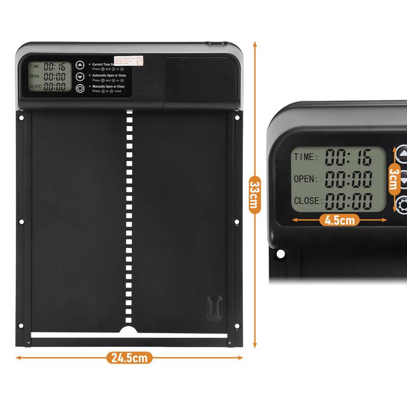 Automatische Hühnerstalltür mit Zeit- und Handmodus, LCD-Display, IPX4 wasserdicht, schwarz, 33x24,5 cm, mit Einklemmschutz