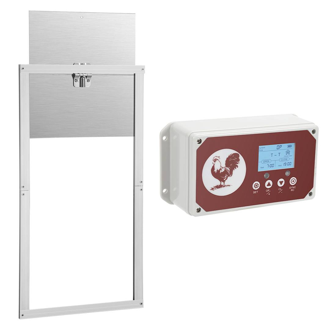 Rechteckige Edelstahleinstiegstür und separates digitales Steuergerät mit Hahnenlogo und LCD-Display.