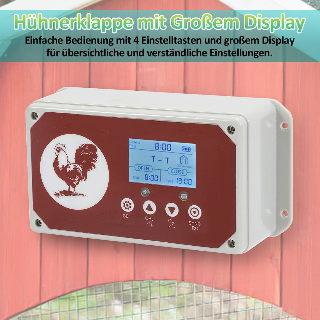 # Weißer Hühnerstall-Türschalter mit großem Display und vier Tasten, dargestellt an einer roten Hühnerstallwand; deutscher Text hebt einfache Bedienung und klare Einstellungen hervor.
