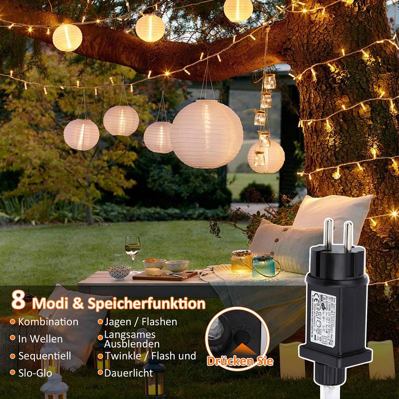 20M 200 LED Lichterkette Warmweiß 8 Lichtmodi Party Garten Innen Außen Deko Weihnachtsbeleuchtung