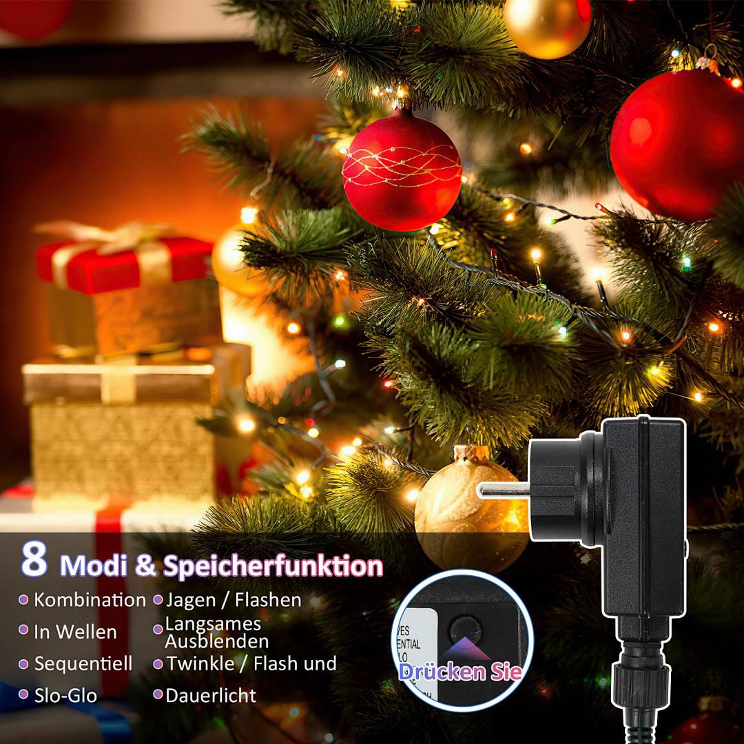 Weihnachtsbaum mit Lichtern und Ornamenten neben Geschenkboxen, überlagert mit deutschem Text, der einen „8 Modi & Speicherfunktion" Lichtcontroller bewirbt und eine „Drücken Sie"" Schaltflächenaufforderung anzeigt.