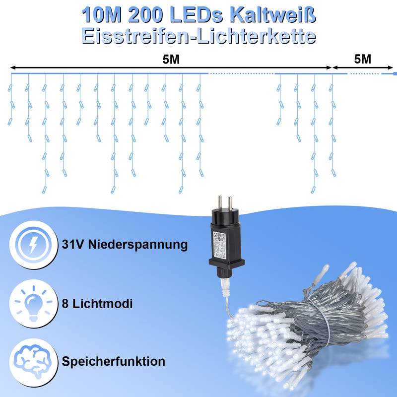 10M 200LEDs LED-Lichterkette Eisregen LED-Lichtervorhang für Außen Innen Lichterkettenvorhang mit 8 Modi IP44 Wasserfest Weihnachtsdeko aussen Party