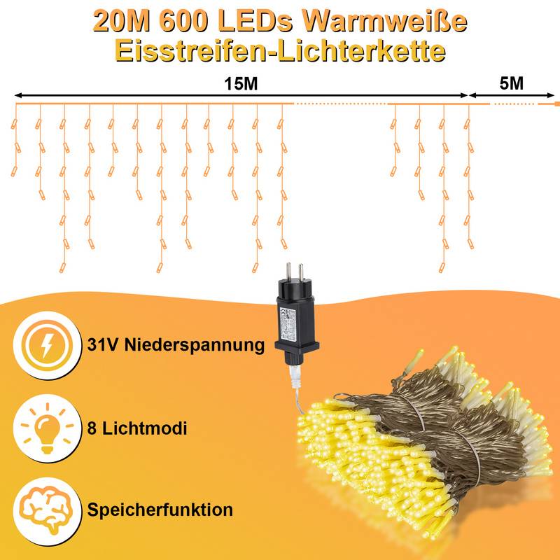20M 600LEDs LED-Lichterkette Eisregen LED-Lichtervorhang für Außen Innen Lichterkettenvorhang mit 8 Modi IP44 Wasserfest Weihnachtsdeko aussen Party