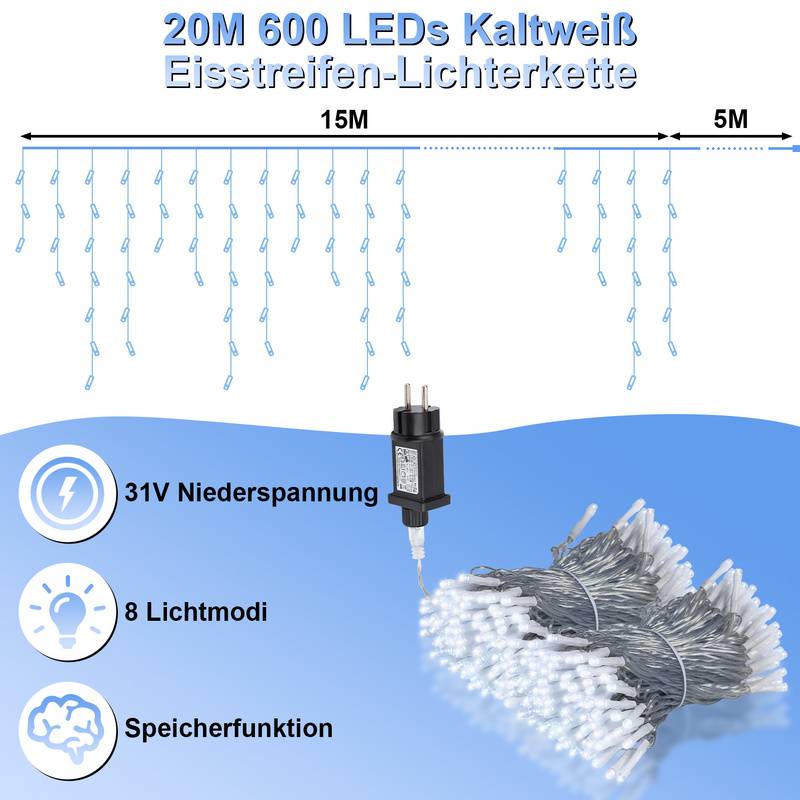 20M 600LEDs LED-Lichterkette Eisregen LED-Lichtervorhang für Außen Innen Lichterkettenvorhang mit 8 Modi IP44 Wasserfest Weihnachtsdeko aussen Party