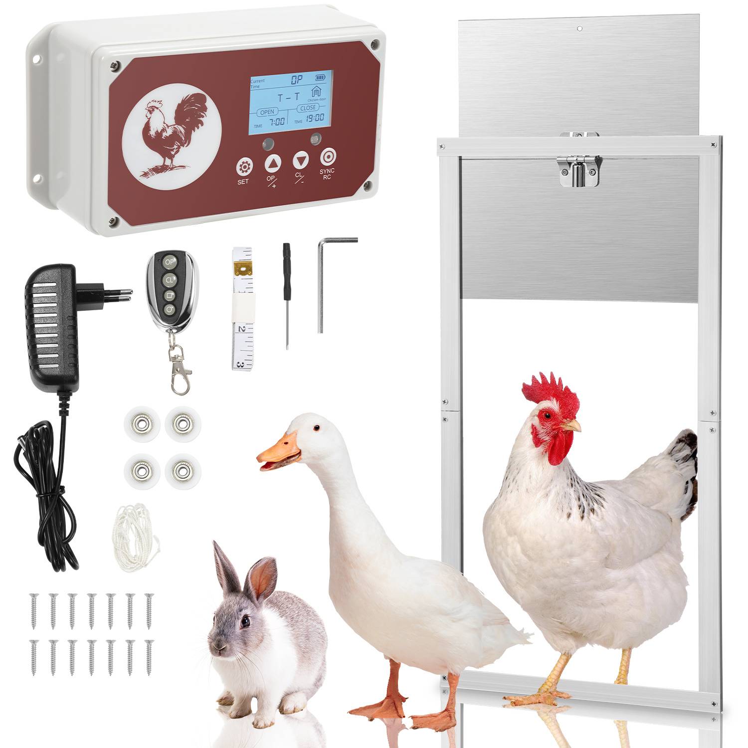 Automatisches Geflügelstalltür-Set mit Steuergerät, Netzteil, Fernbedienung, Montagematerial, Kaninchen, Ente und Huhn zur Größen- und Verwendungsveranschaulichung