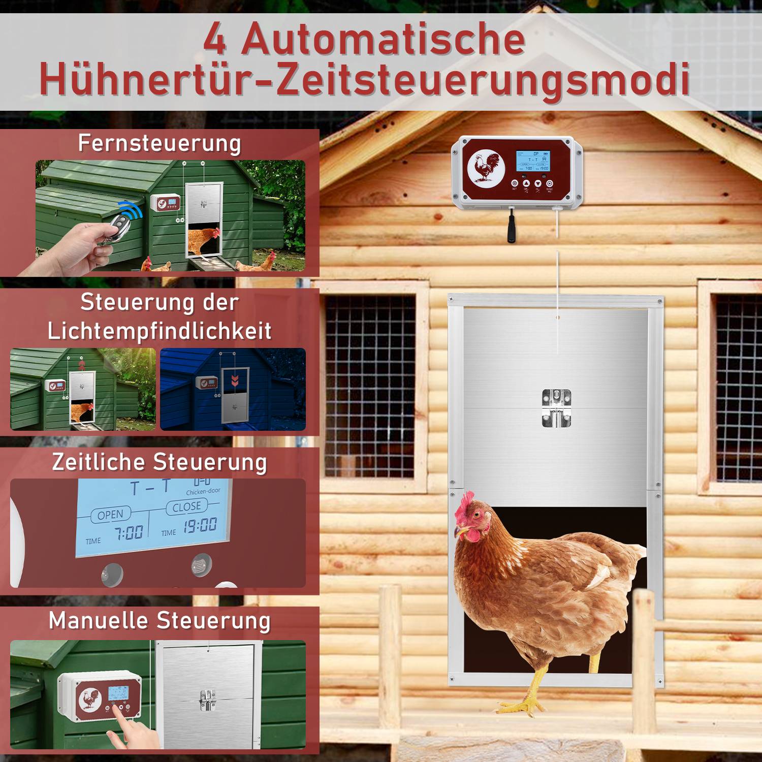 7.8W Automatische Hühnerklappe Hühnertür, 30*30cm Türöffner Hühnerstall mit Timer & Infrarotsensor Design