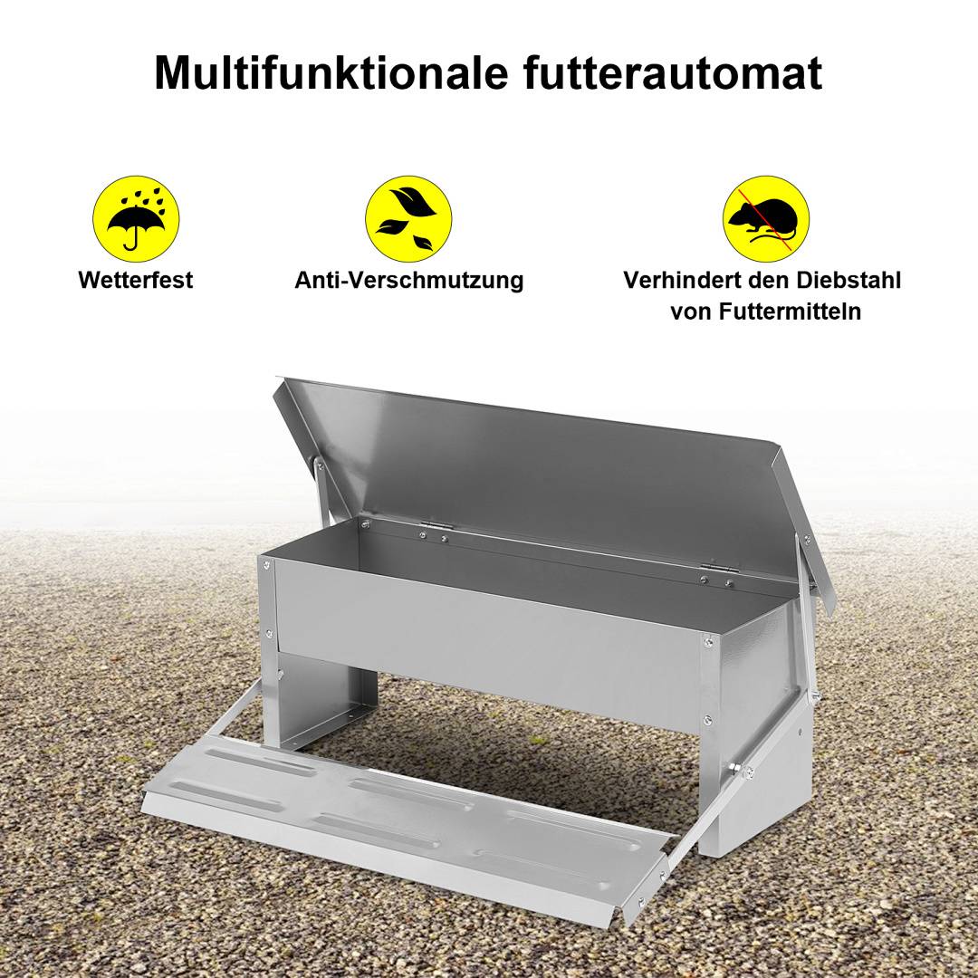 Multifunktionaler Futterstreuer mit Deckel und Frontablage, gekennzeichnet als witterungsbeständig, kontaminationsresistent und diebstahlsicher.